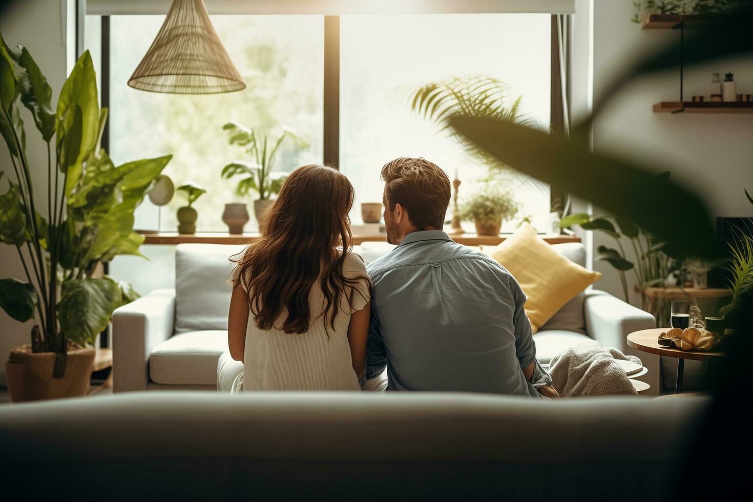 AI generated a couple sitting on a couch looking out the window photo