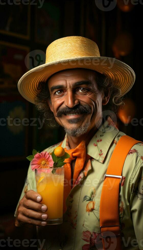 AI generated Man enjoying an orange drink with stylish straw, relaxing summer scene photo