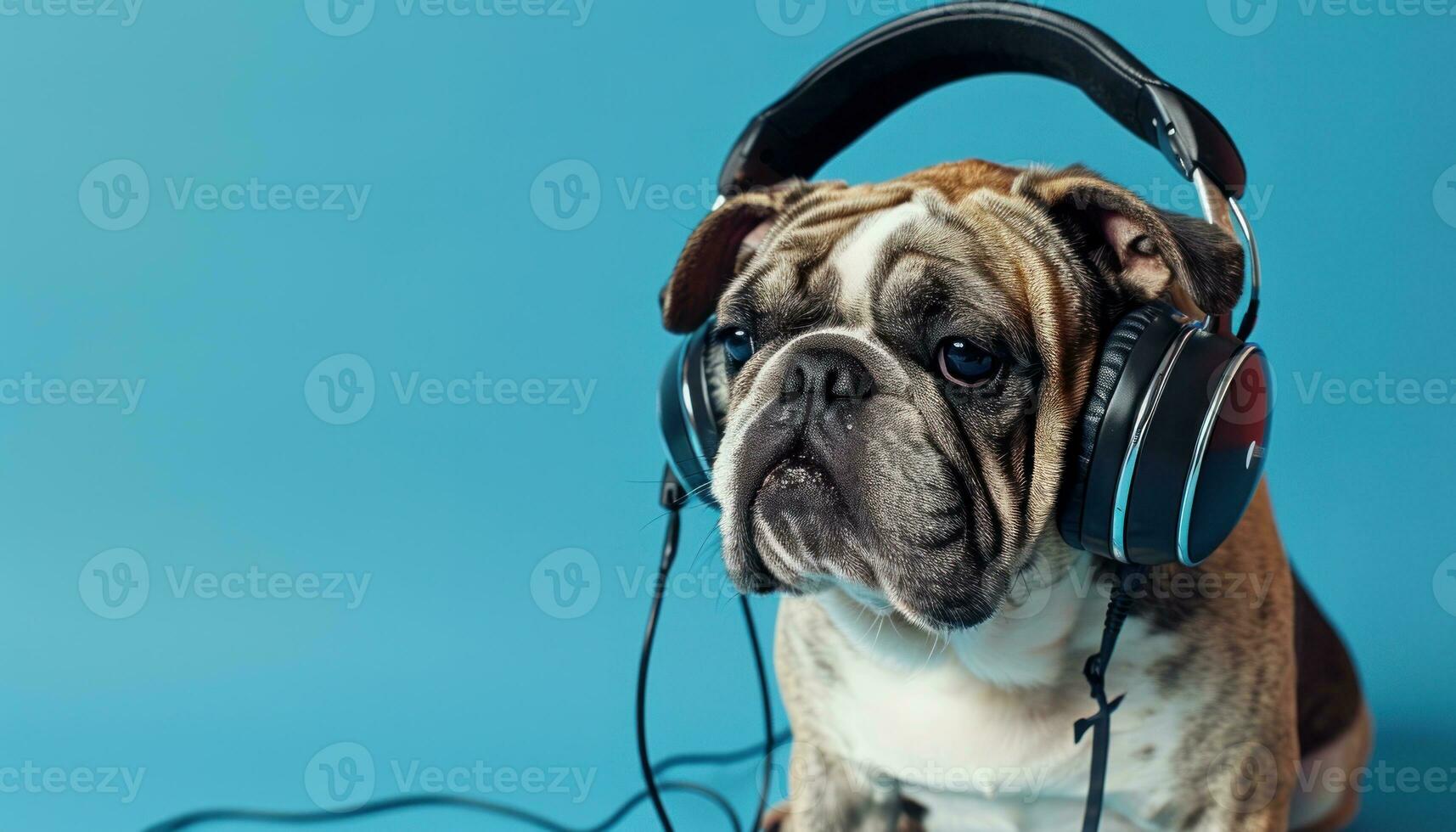 AI generated Bulldog wearing headphones on blue background, animal photography pics photo