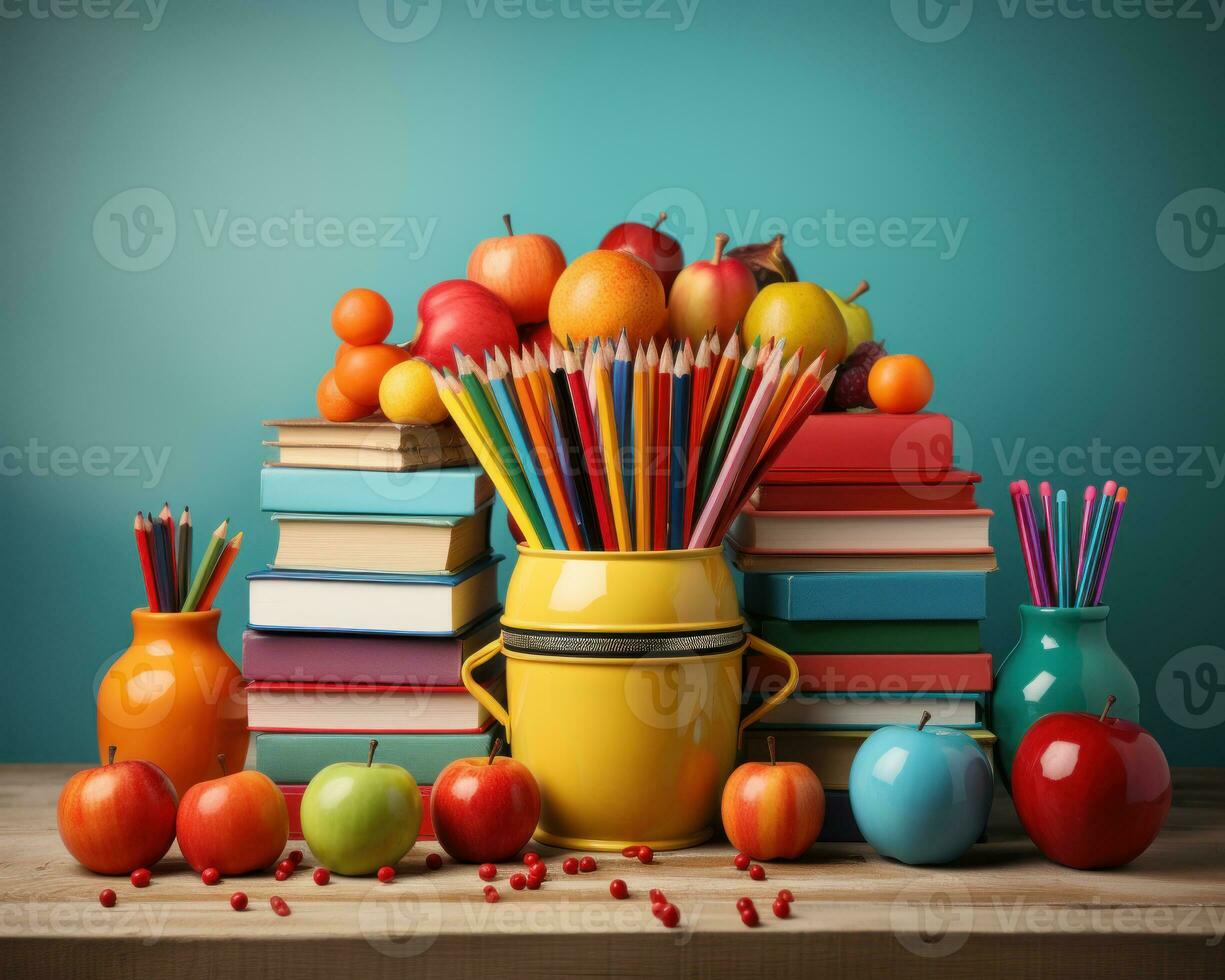 AI generated Brightly colored school supplies on a clean white background, education pictures for website photo