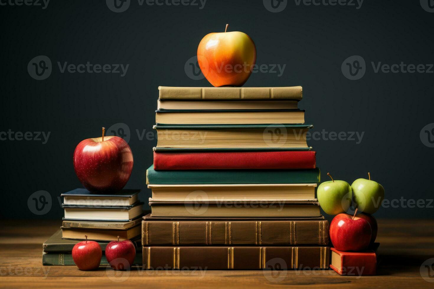 AI generated Books with a juicy apple on the top, diverse education and teachers day image photo