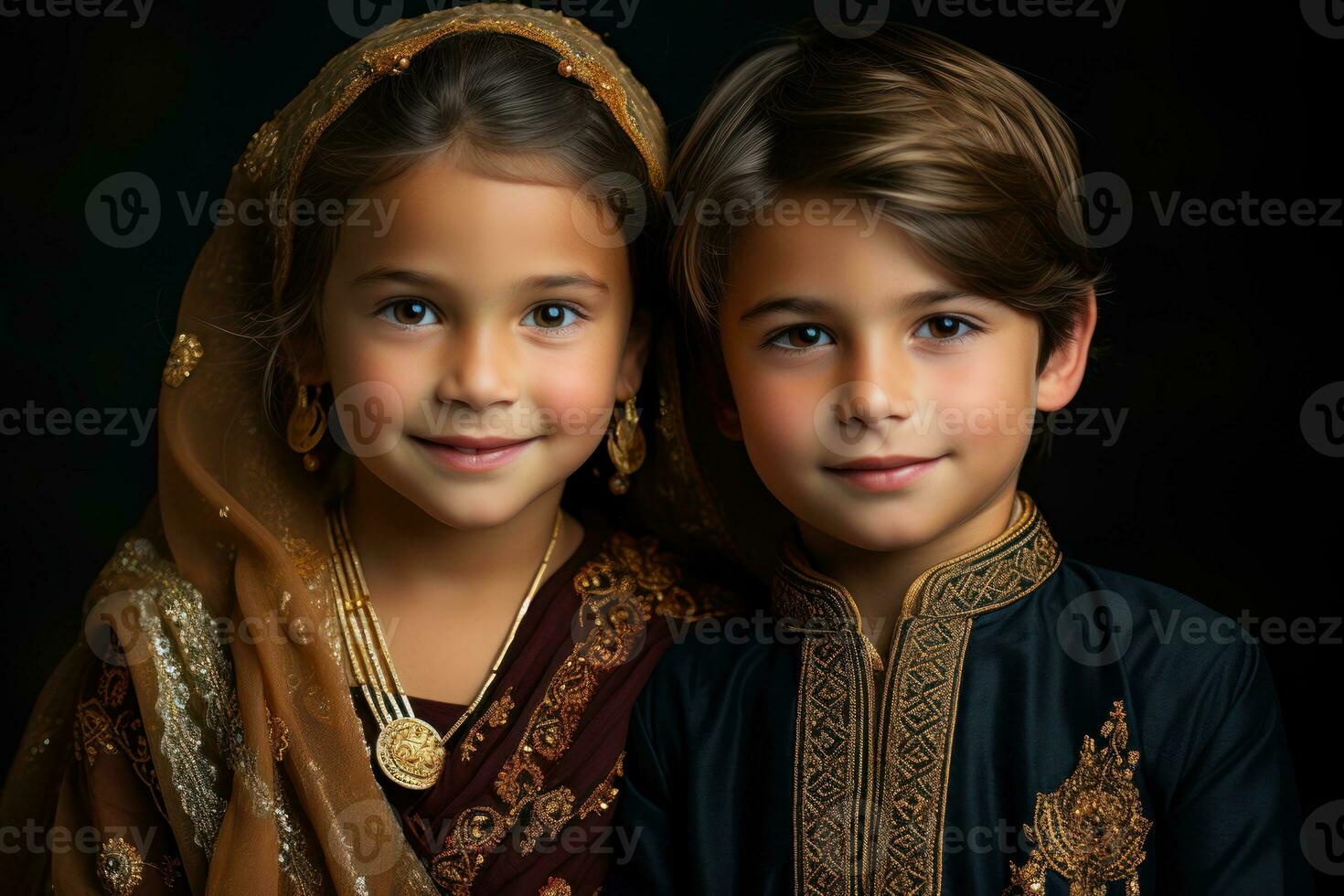 ai generado hermanos exhibiendo amor en tradicional atuendo, eid y Ramadán imágenes foto