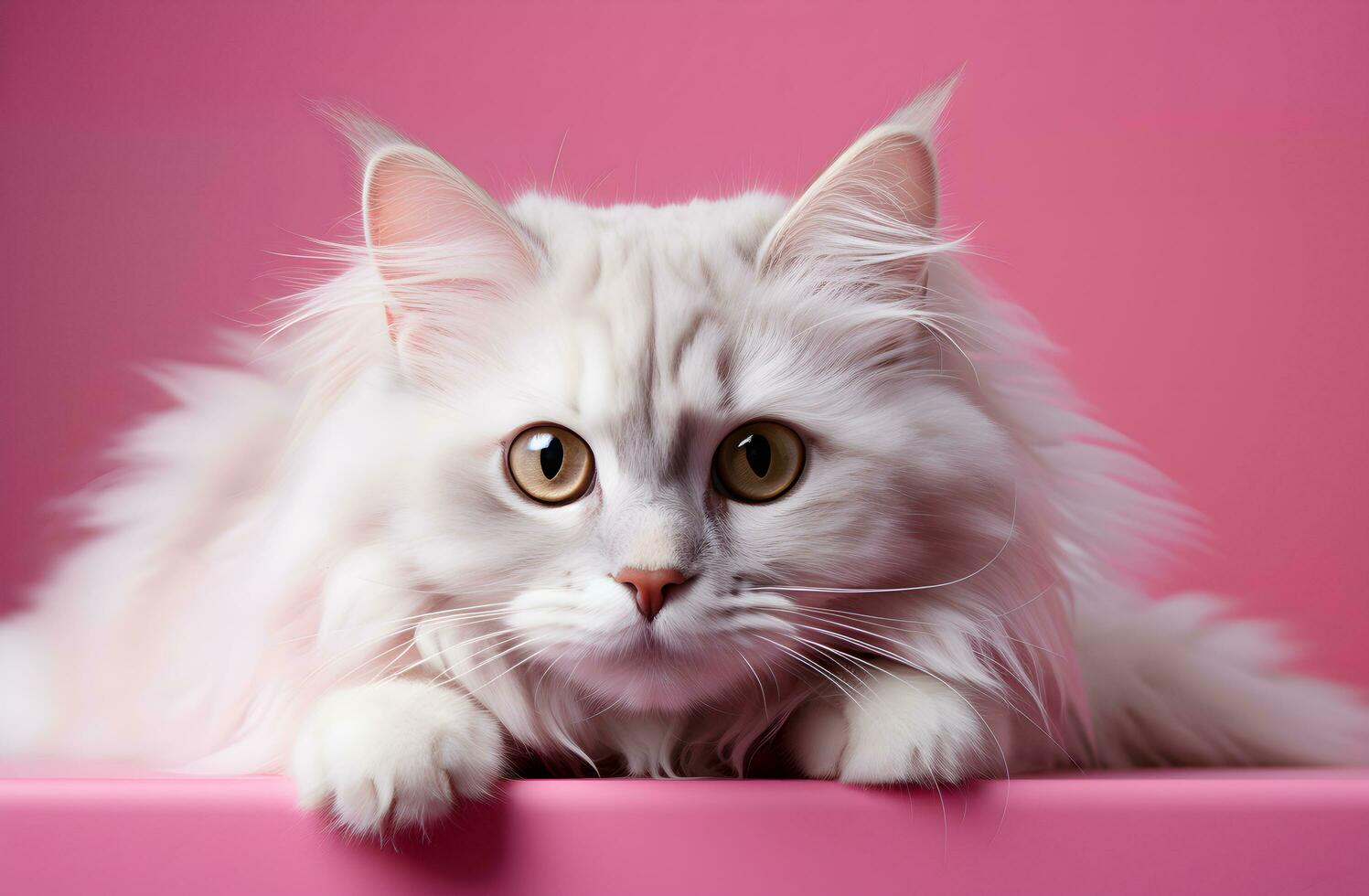 AI generated Cute Persia white cat long fur on pink background. AI Generated photo