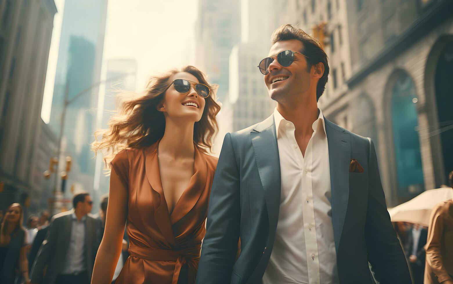 AI generated Caucasian young businesspeople couple lover in colorful orange dress and grey suit with sun glasses is smiling and happy on street in city. AI Generated photo