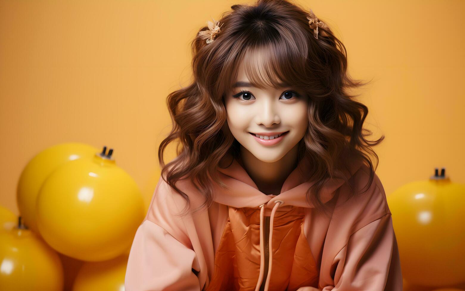 AI generated Asian woman in pink dress is smiling with colorful orange background on Christmas party. AI Generated photo