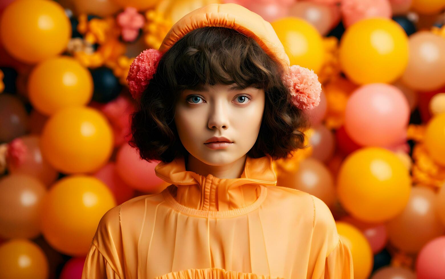 AI generated Caucasian woman in orange dress is smiling and hat with colorful background on Christmas party. AI Generated photo
