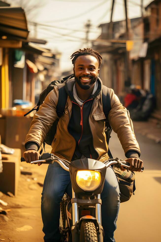 ai generado sonriente africano joven entrega hombre montando motocicleta entregando comida en el ciudad. ai generado foto