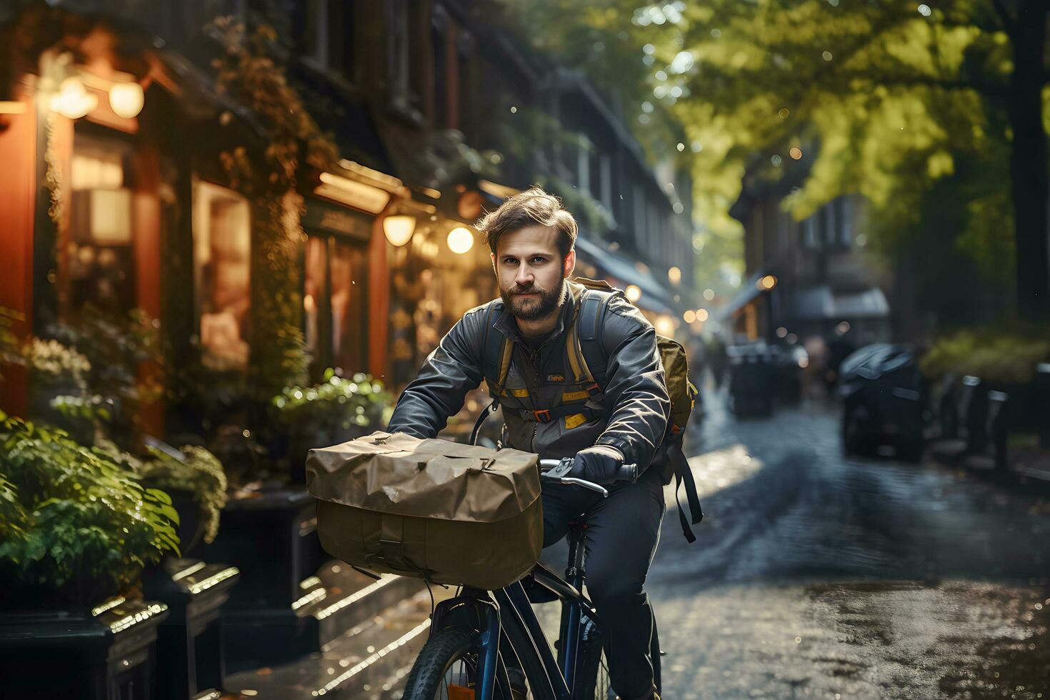 ai generado caucásico joven entrega hombre montando motocicleta entregando comida en el ciudad. ai generado foto