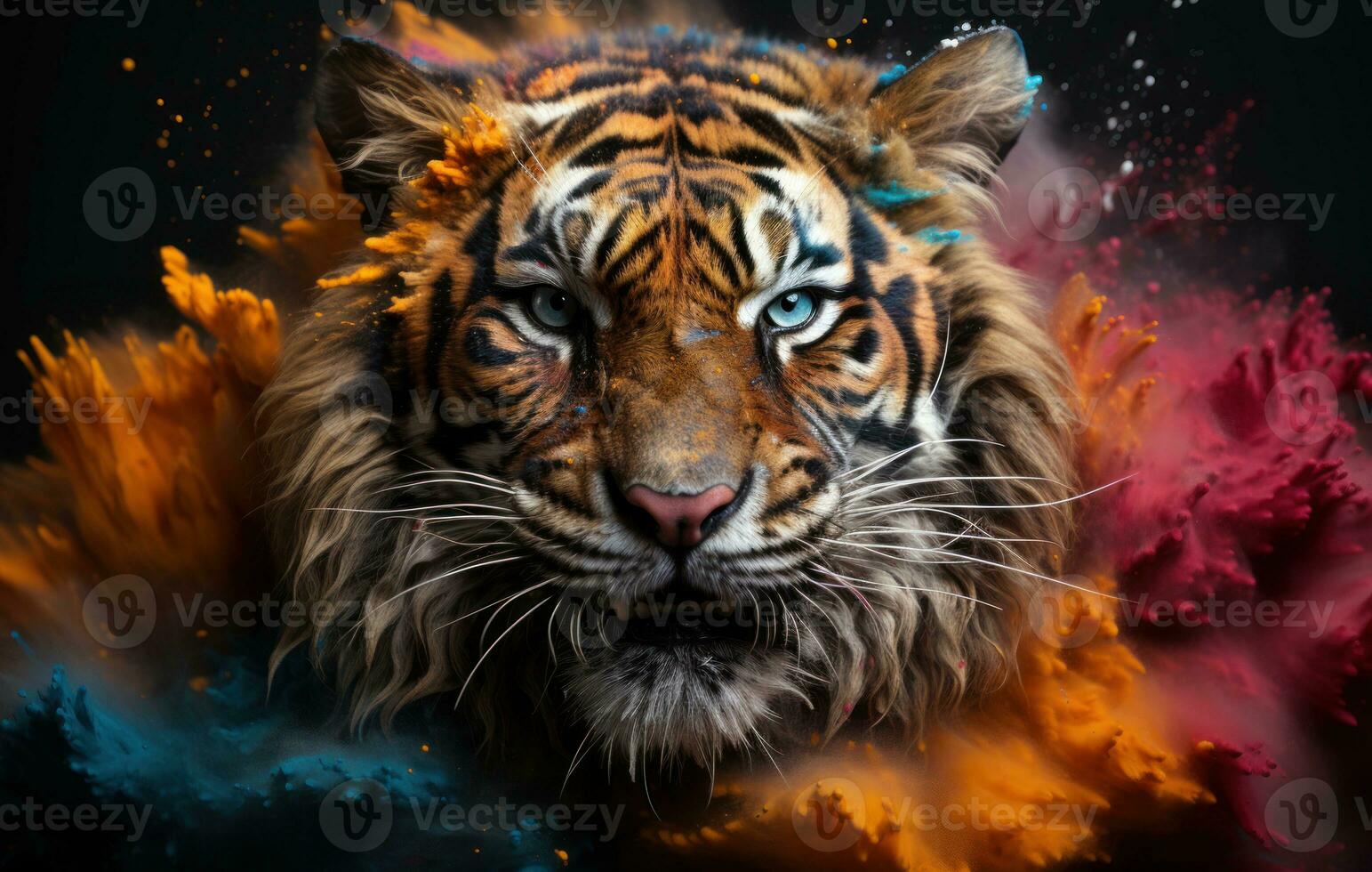 AI generated Tiger striking shades against dark background, holi festival image download photo