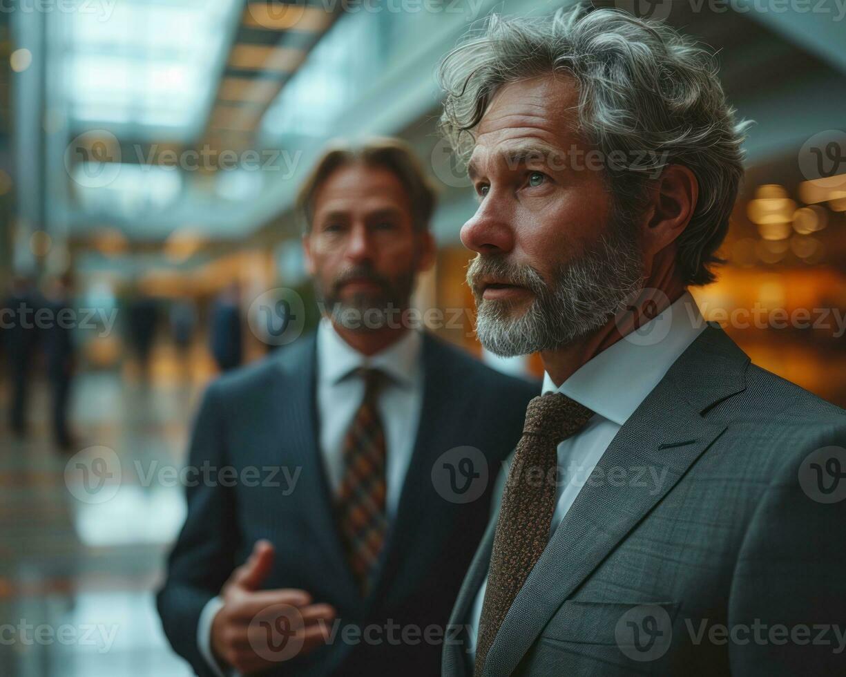 AI generated Business partners engaged in conversation in a modern office, business meeting image photo