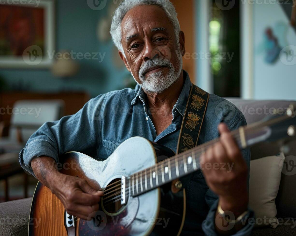 AI generated Elderly man playing guitar at home, diverse active seniors pictures photo