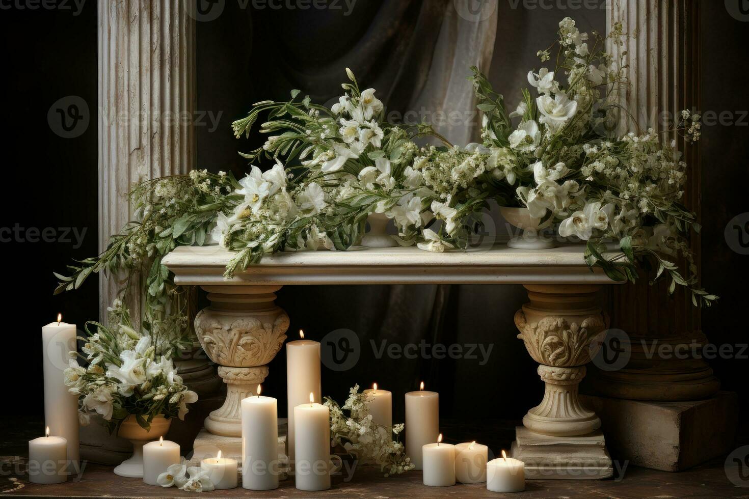 AI generated Greek mythology inspired setting with marble column table and elegant arrangement, engagement, wedding and anniversary image photo