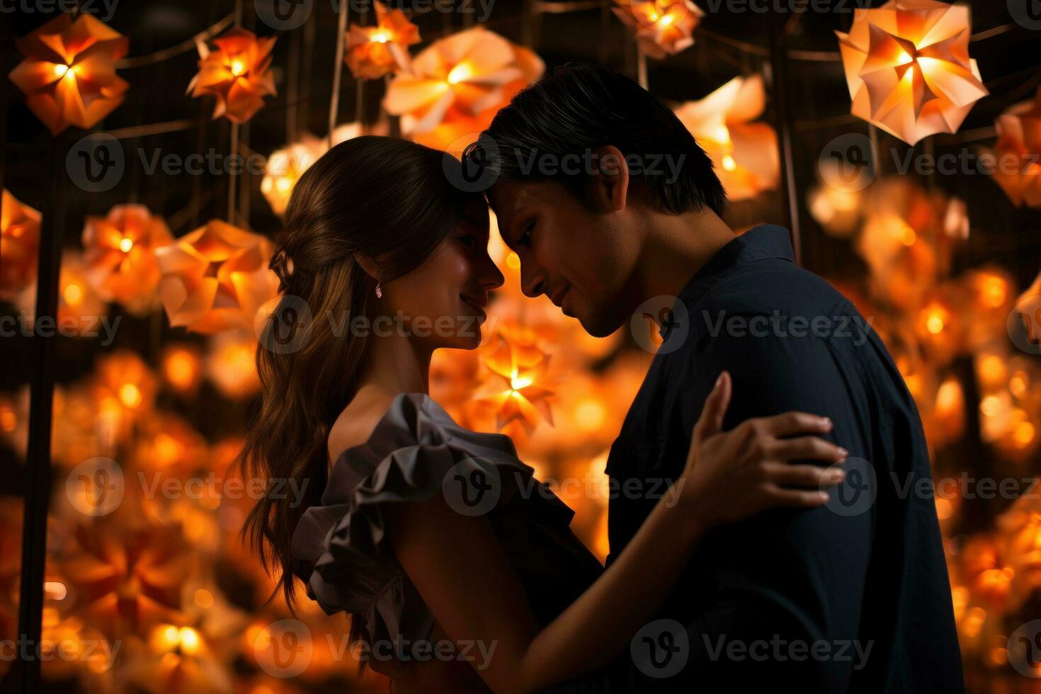 AI generated Romantic exchange amid a sea of floating lanterns in a festival setting, engagement, wedding and anniversary image photo