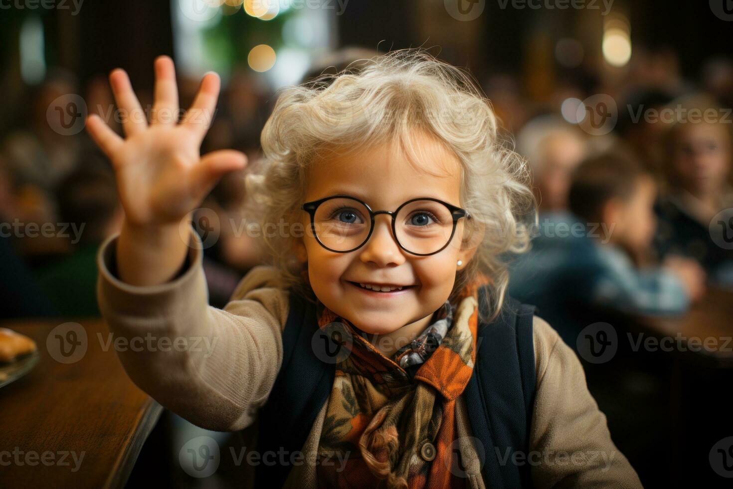 AI generated Students signal interest with raised hands during teacher discussion, educational picture photo