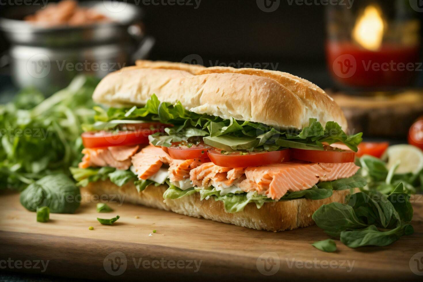 AI generated Fresh healthy salmon sandwich with lettuce and cucumber on vintage chopping board on black stone background. Breakfast snack. Fresh tomatoes, dill and lemon. photo