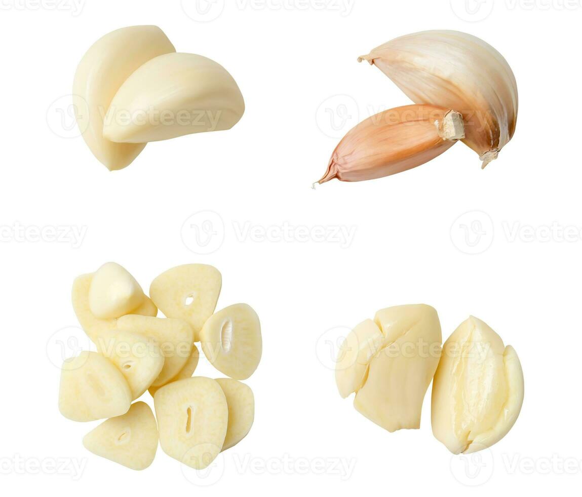 Top view set of peeled garlic cloves and slices isolated on white background with clipping path photo