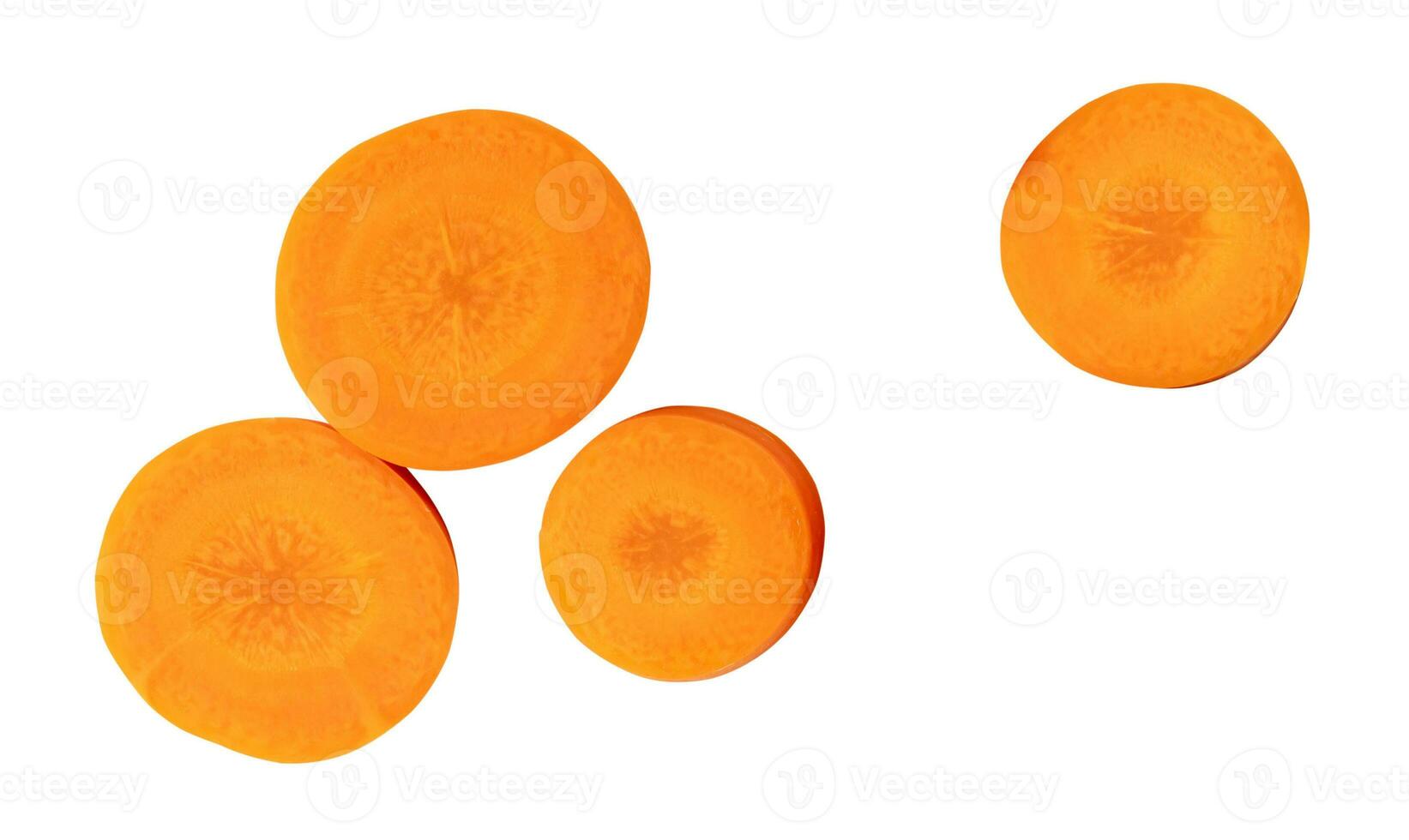 parte superior ver de hermosa naranja Zanahoria rebanadas en conjunto aislado en blanco antecedentes con recorte camino foto