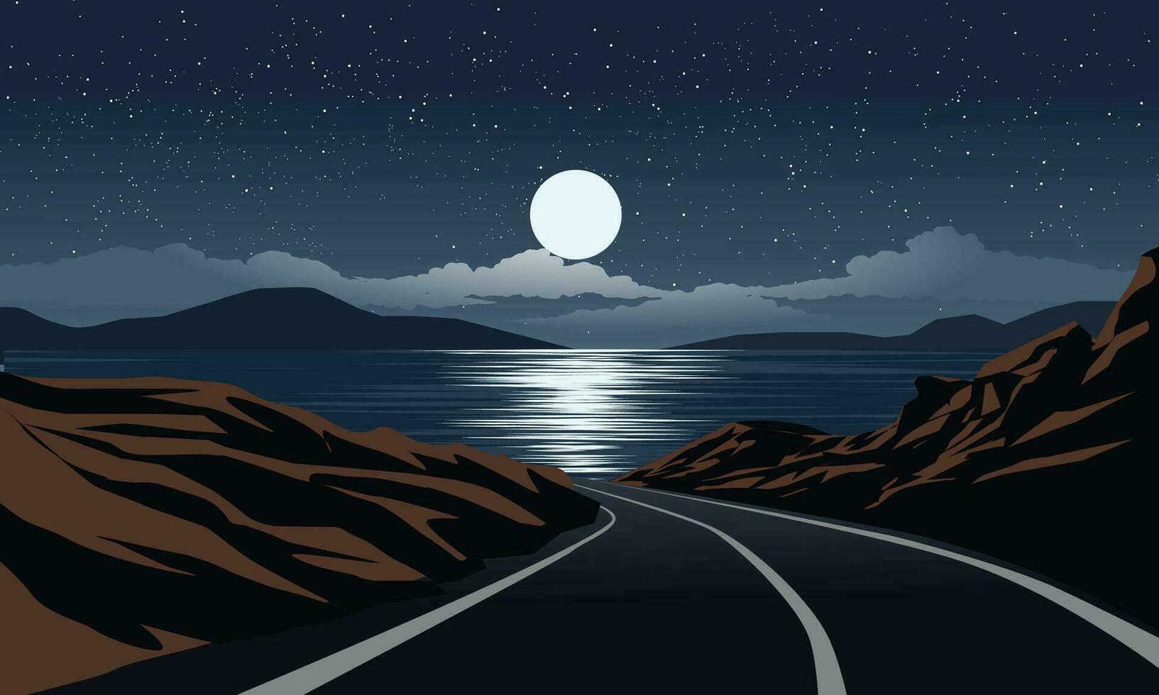 Nighttime landscape with lake, road, hill, moon and star vector