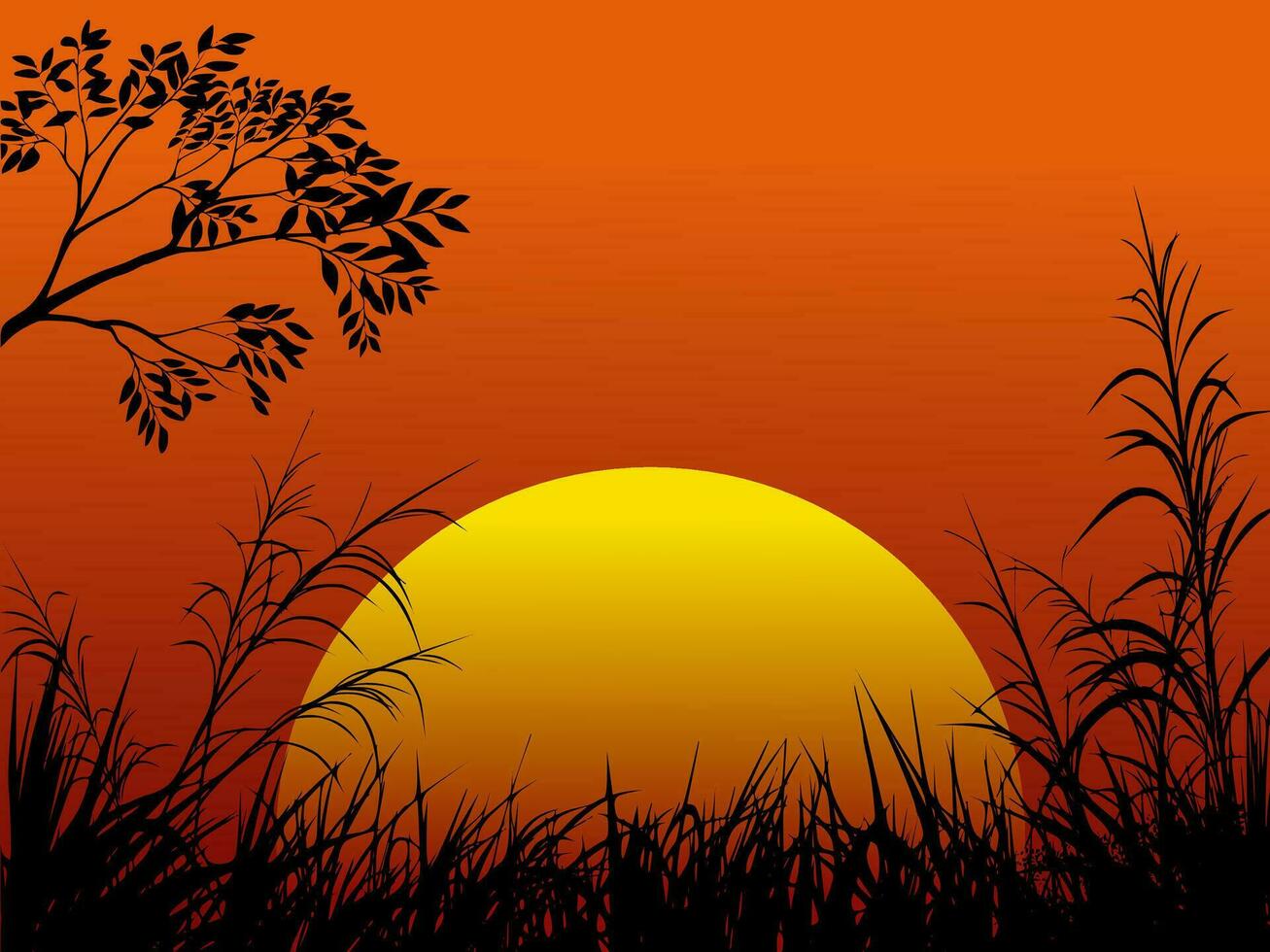 Vector sunset background with big sun and silhouette of trees and grass