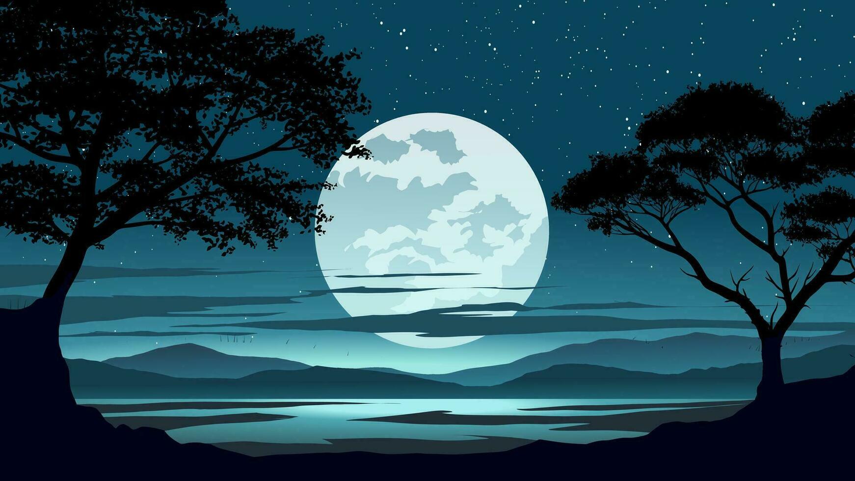 Beautiful night scenery with full moon and stars vector