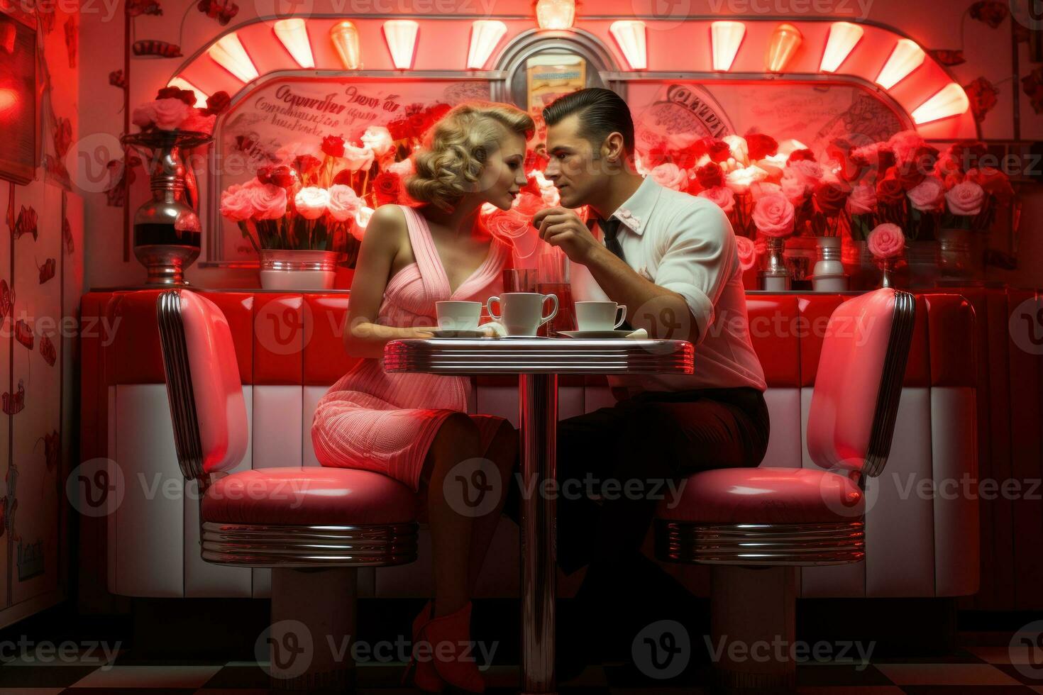 AI generated Couple relishes a classic dining experience in a vintage diner setting, engagement, wedding and anniversary image photo