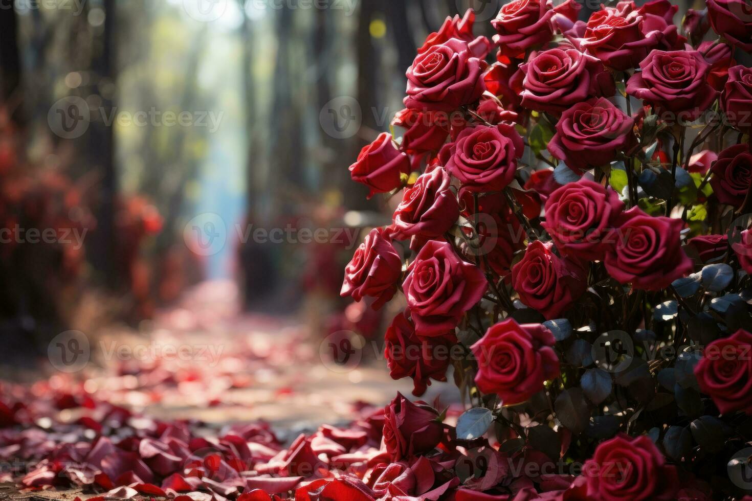 ai generado un atractivo paso de rojo rosas ajuste el etapa para un romántico aventura, enamorado, Fechado y amor propuesta imagen foto