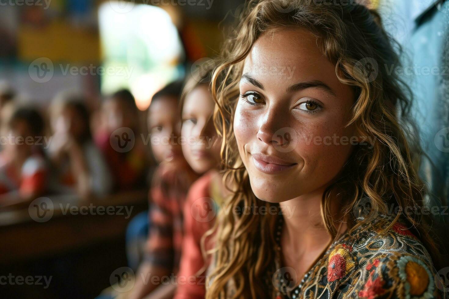 AI generated Teacher sits and listens intently to the young ones, education pictures for website photo