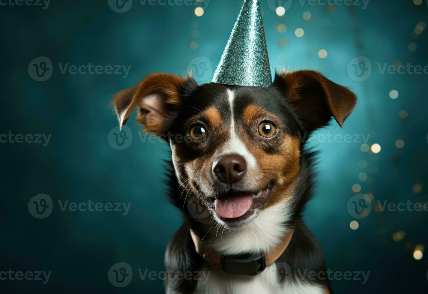 AI generated A dog happily a party hat against a blue backdrop, pet photo