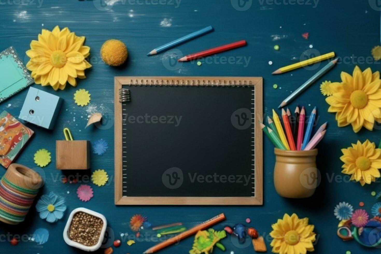 AI generated Cheerful school essentials and a flower chalkboard set the stage for a fun learning experience on a blue background, educational photo