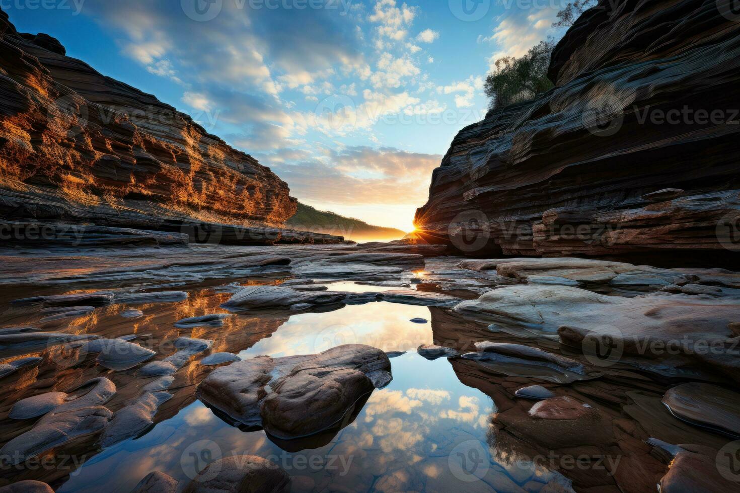 ai generado orilla quinielas reflejando Mañana matices, amanecer y puesta de sol fondo de pantalla foto