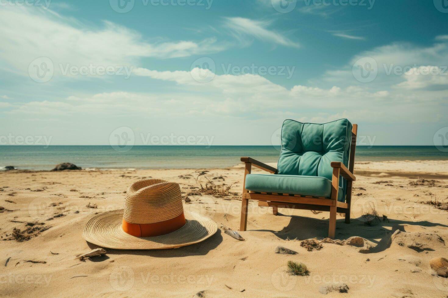 AI generated Hat topped beach chair inviting relaxation by the shore, summer landscape image photo