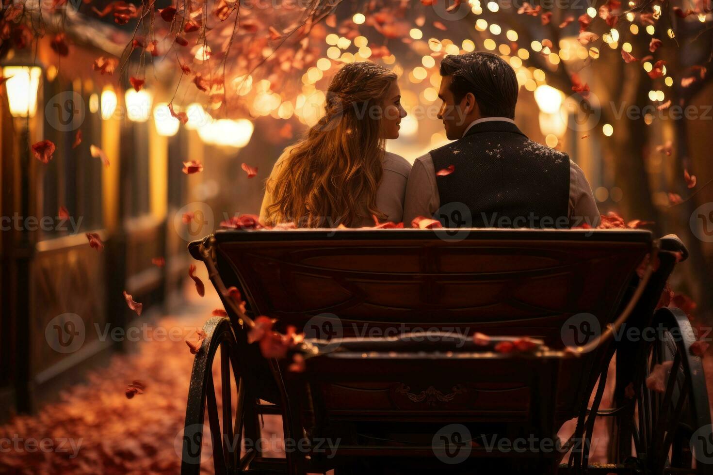 AI generated Horse drawn carriage journey through a charming town with a proposal, valentine, dating and love proposal image photo