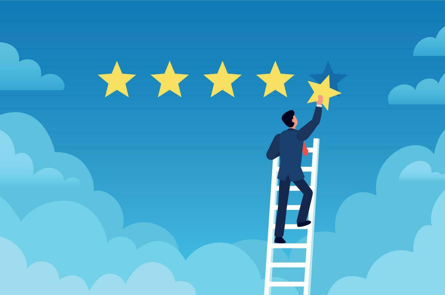 Customer rating. Businessman stands on ladder and gives 5 star, customer feedback. Positive review evaluation system vector concept