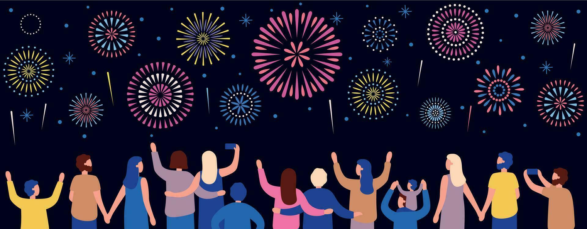 Crowd watching fireworks. Happy people see to firework vector