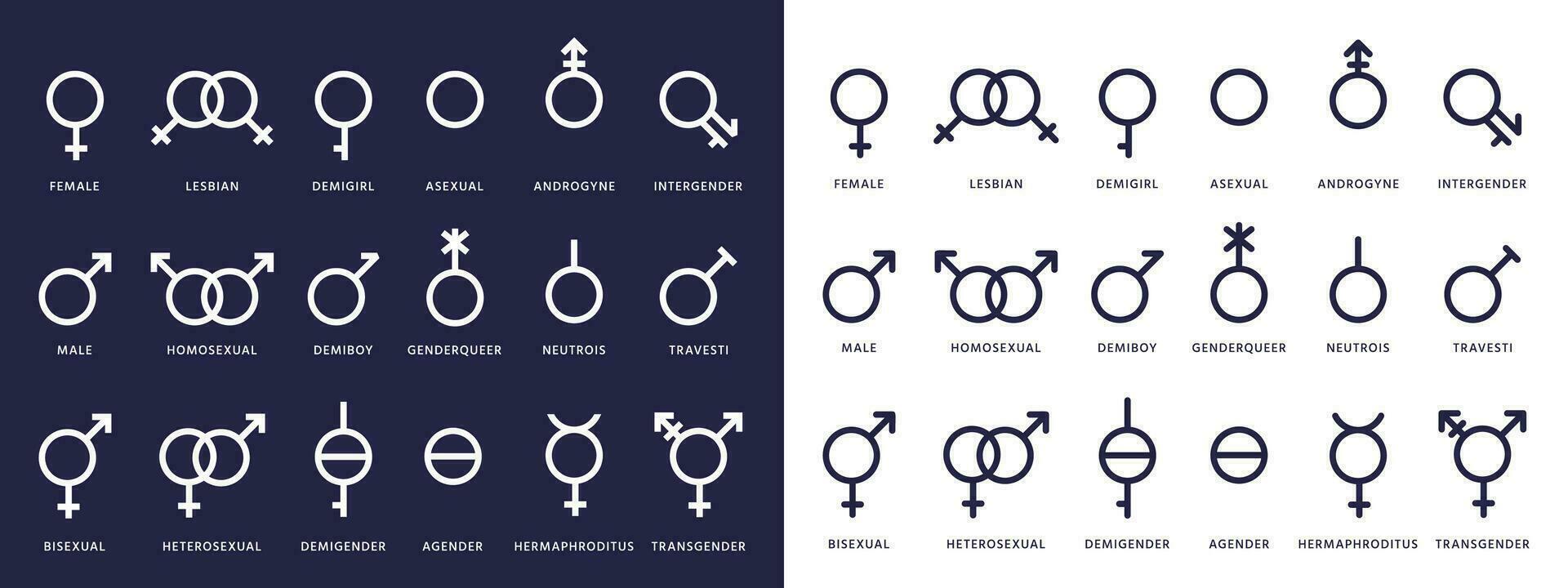 género símbolo iconos género queer, Transgénero y lesbiana, bisexual pictogramas. lesbianas, demiboy y homosexual, heterosexual vector aislado señales