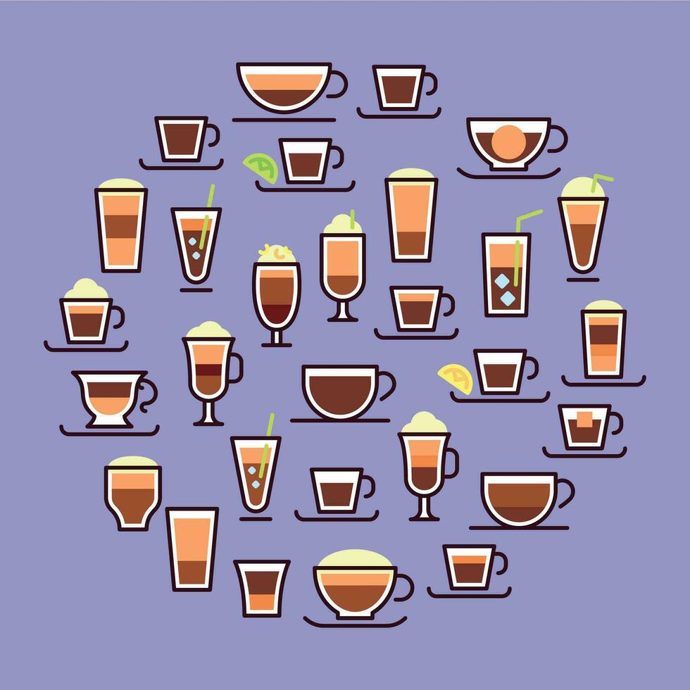 Types of coffee. Hot drinks in glass cups with milk. Espresso, latte with cream. Recipe, proportions vector