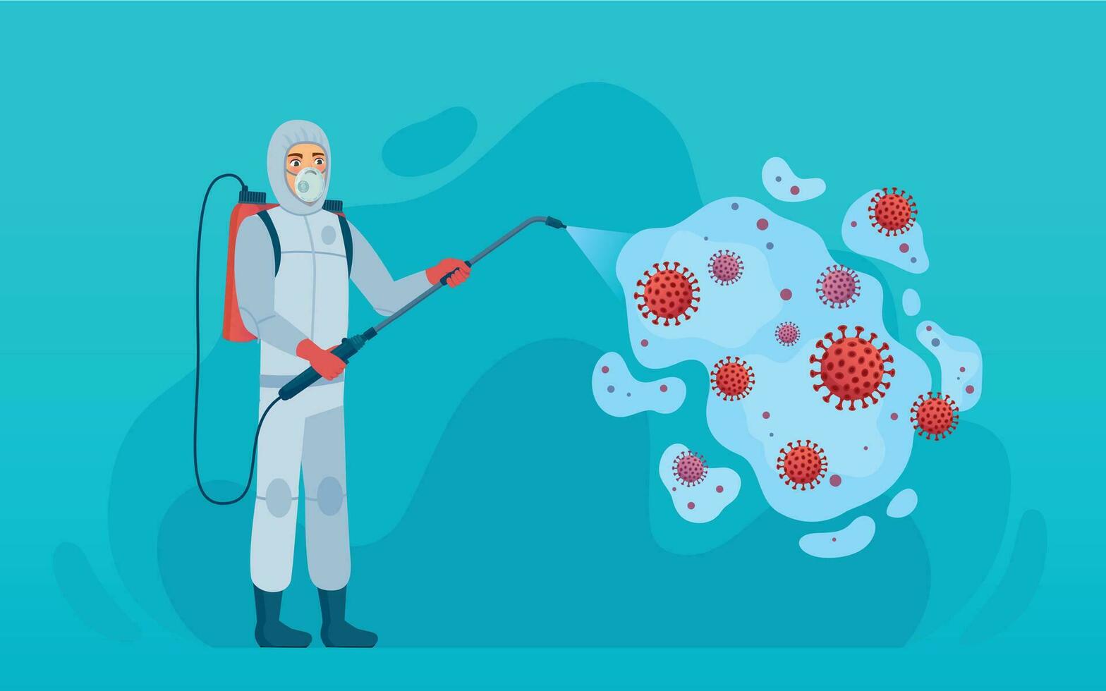 Coronavirus disinfection. Man in protection suit sanitize, clean and kill virus pathogen covid-19 prevent pandemic health risk vector concept