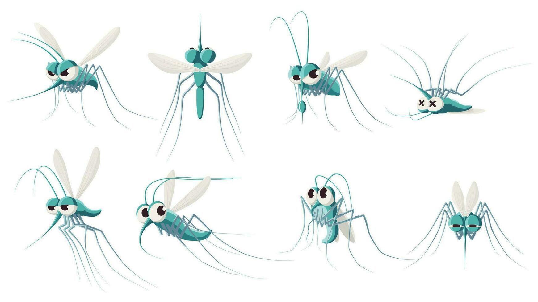 Cartoon mosquito. Angry forest flying mosquitoes, scared and dead insect. Mosquito drinking blood vector illustration set
