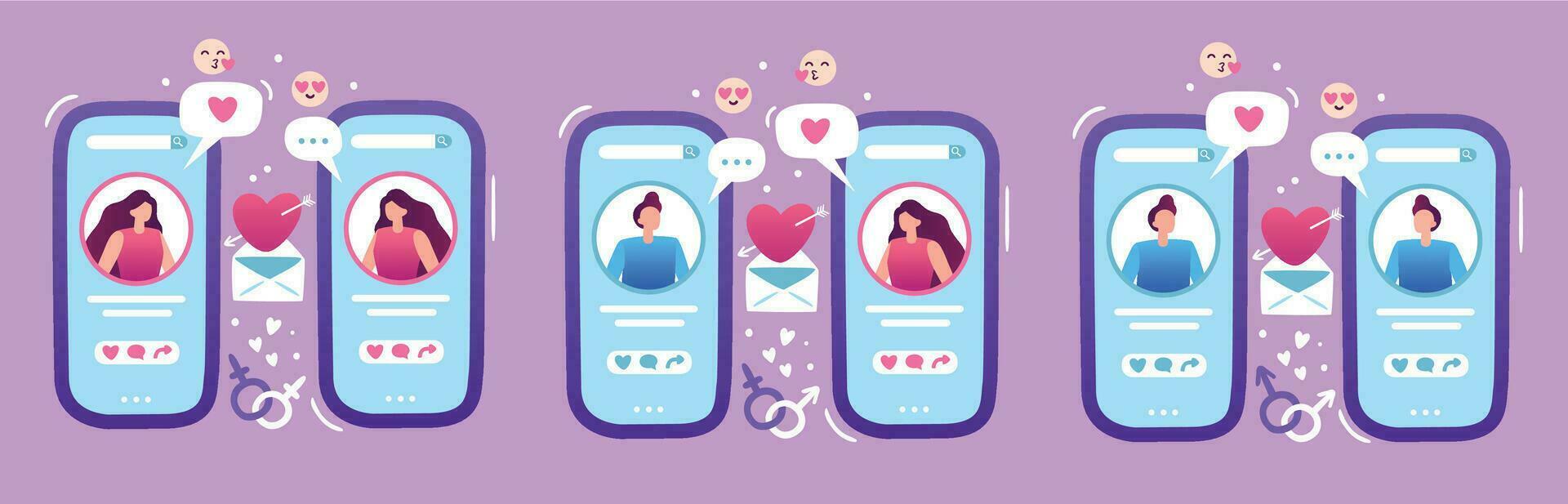 Internet love dating application. Mobile phone with man and woman profiles searching for romantic partner vector