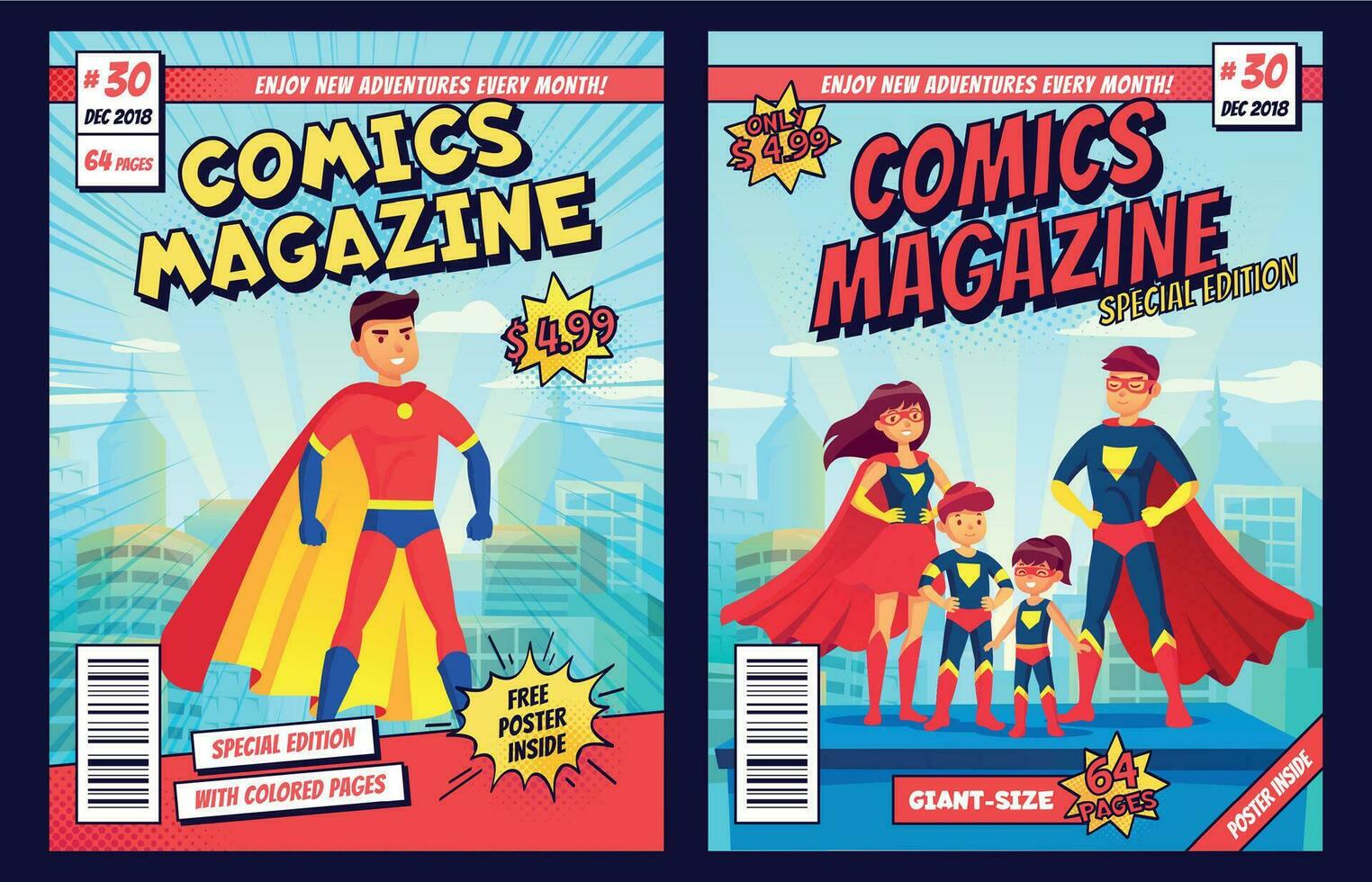 Comic book cover with super hero man and family characters. Retro magazine editable front page template vector