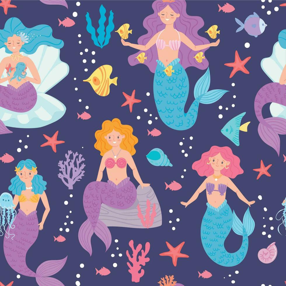 Mermaid seamless pattern. Cute little princesses, siren and sea creatures underwater world wallpaper, fabric print fashion vector background.