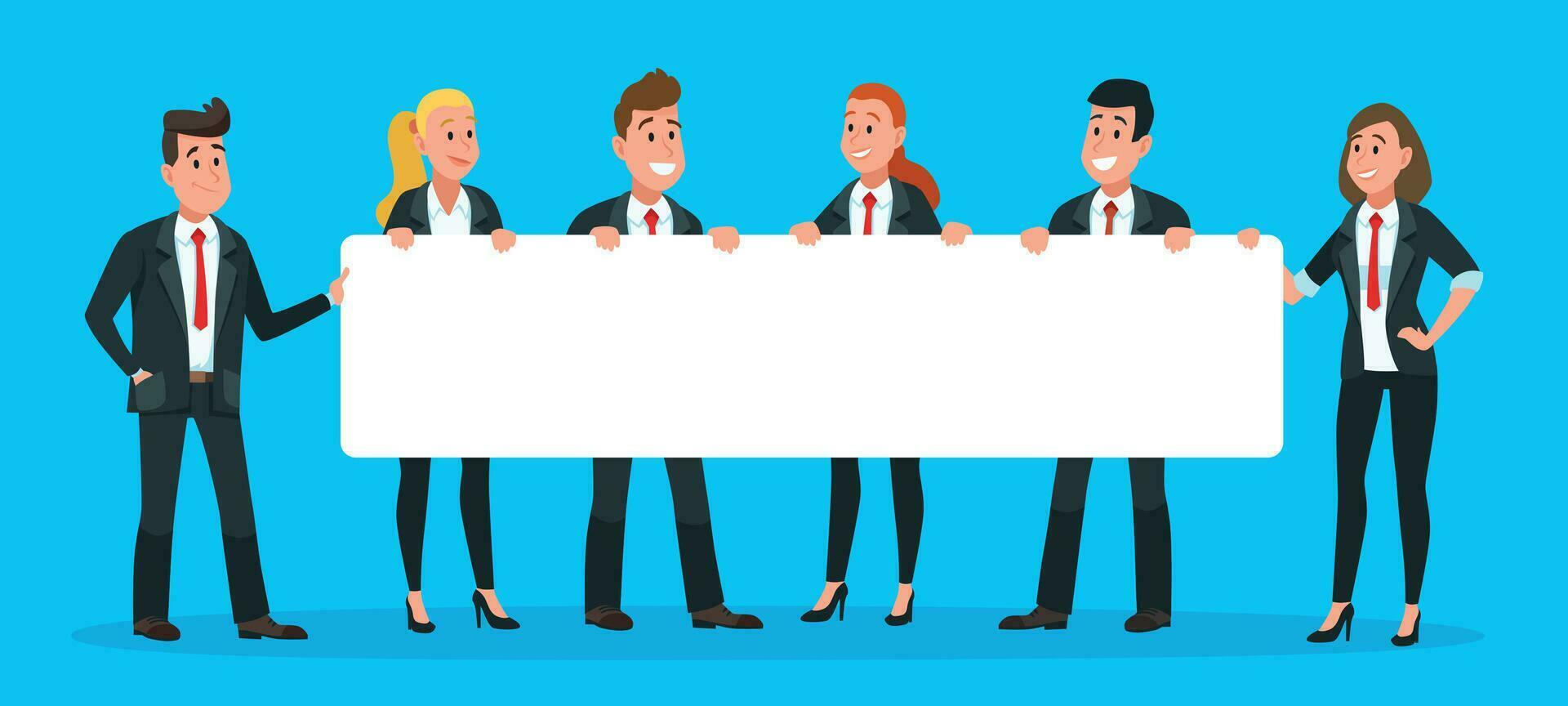 Business people holding banner. Man and woman office workers in suits and ties with blank signboard for text vector