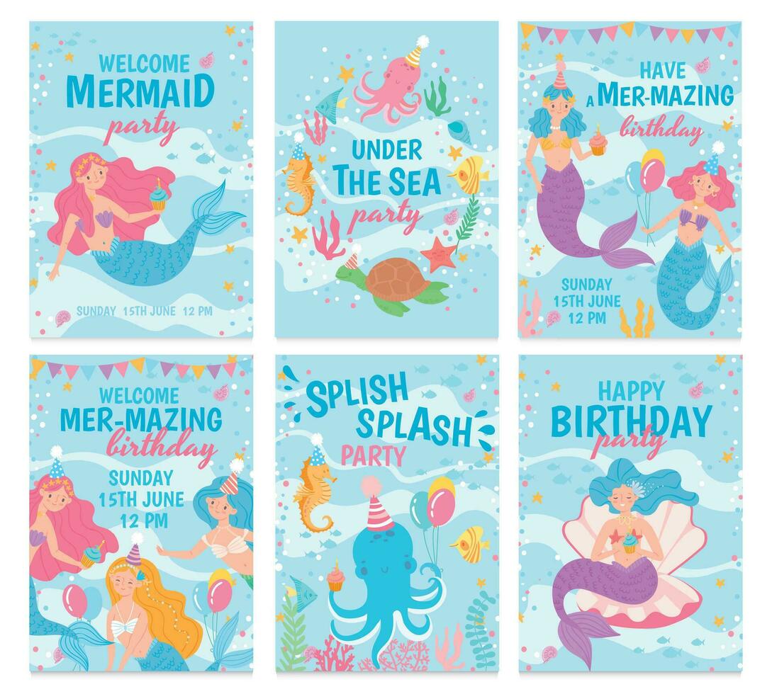 sirena tarjetas mítico linda princesas y mar criaturas submarino mundo tarjeta postal para cumpleaños, invitaciones, saludo tarjetas vector conjunto