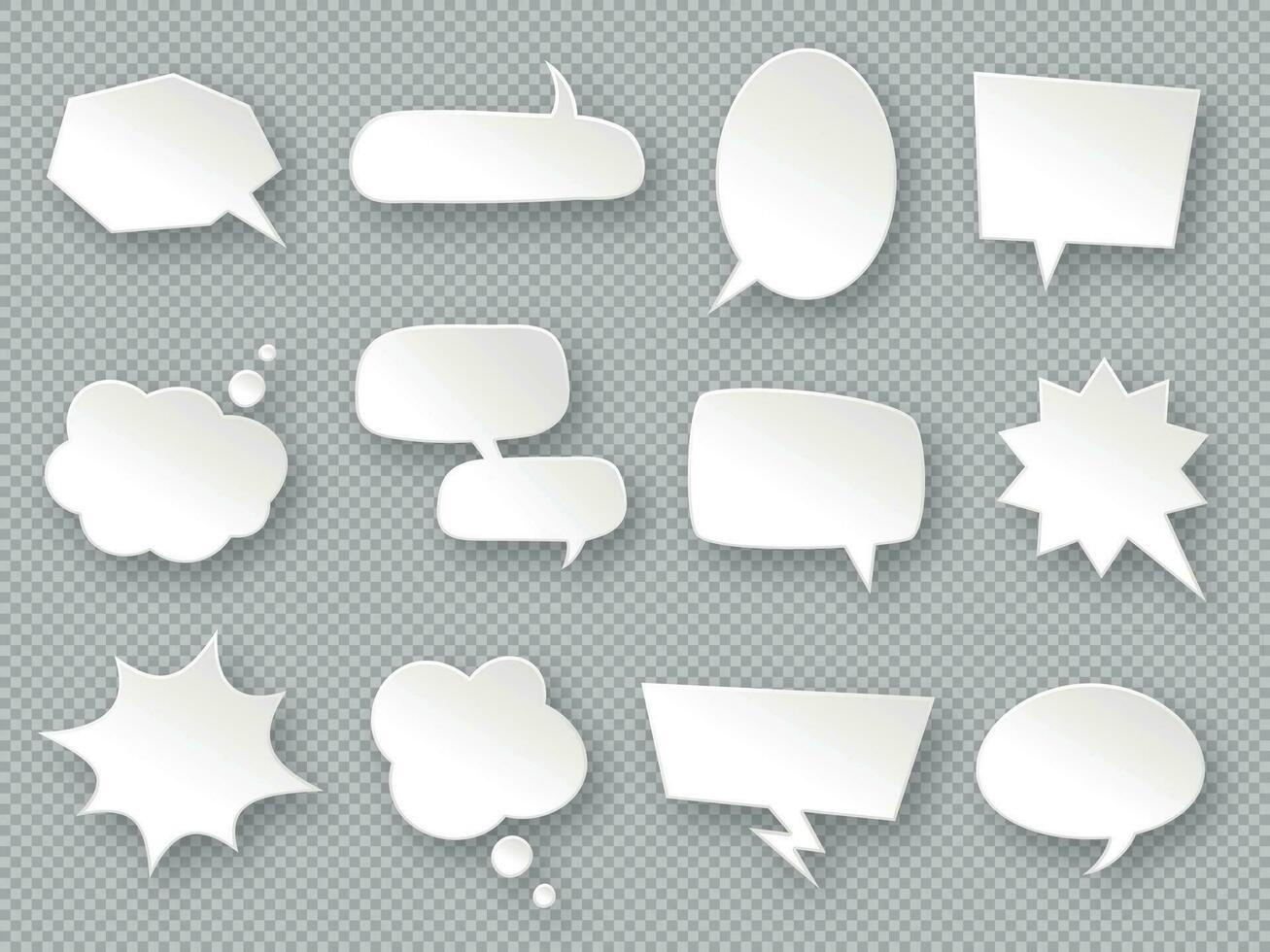Thought balloons. Paper speech bubbles, white communication messages clouds, dream tag, discussion labels, blank dialog chats vector set
