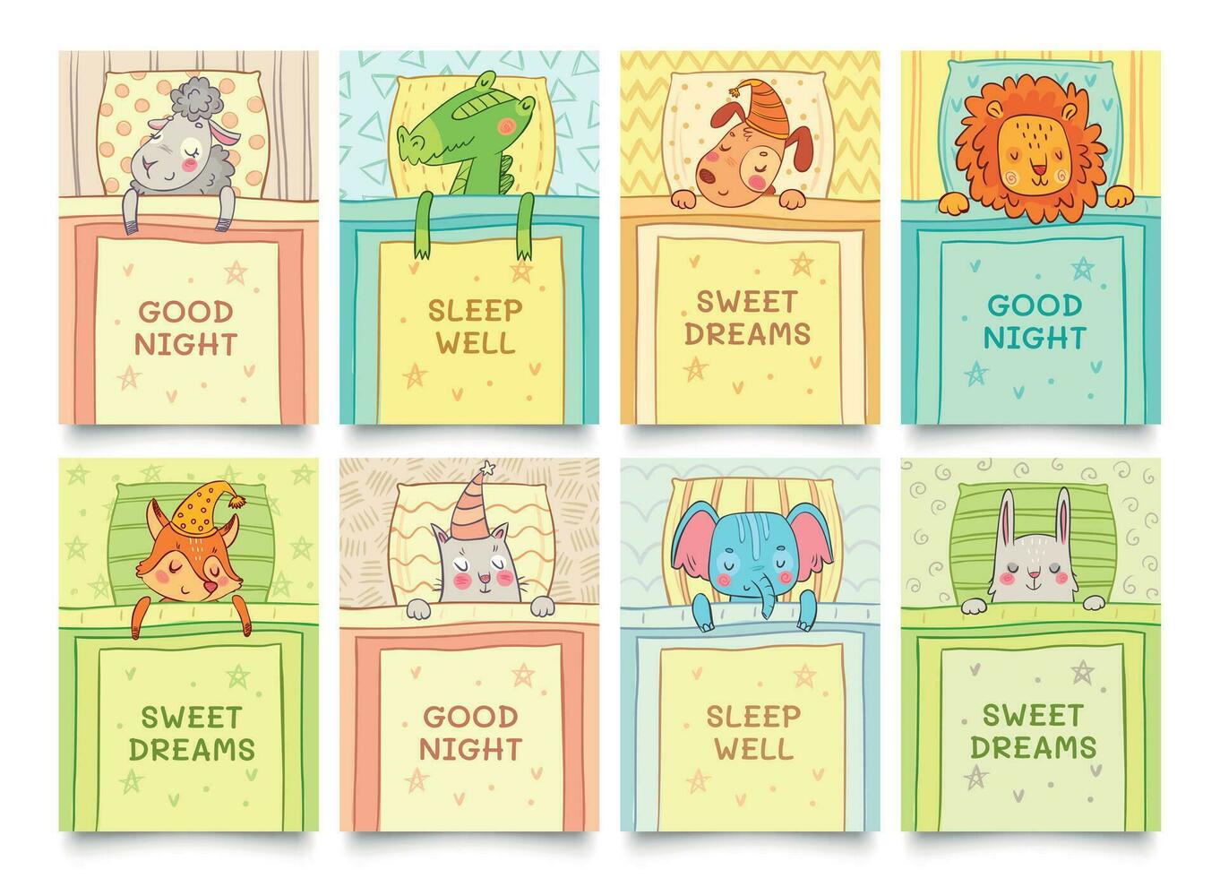 Sweet dreams card with sleeping animals set vector