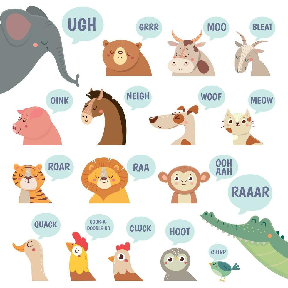 Animals sounds. Cute animal making sounds cat and dog, sheep and cow, pig and hen, horse and lion, bear and monkey cartoon vector set