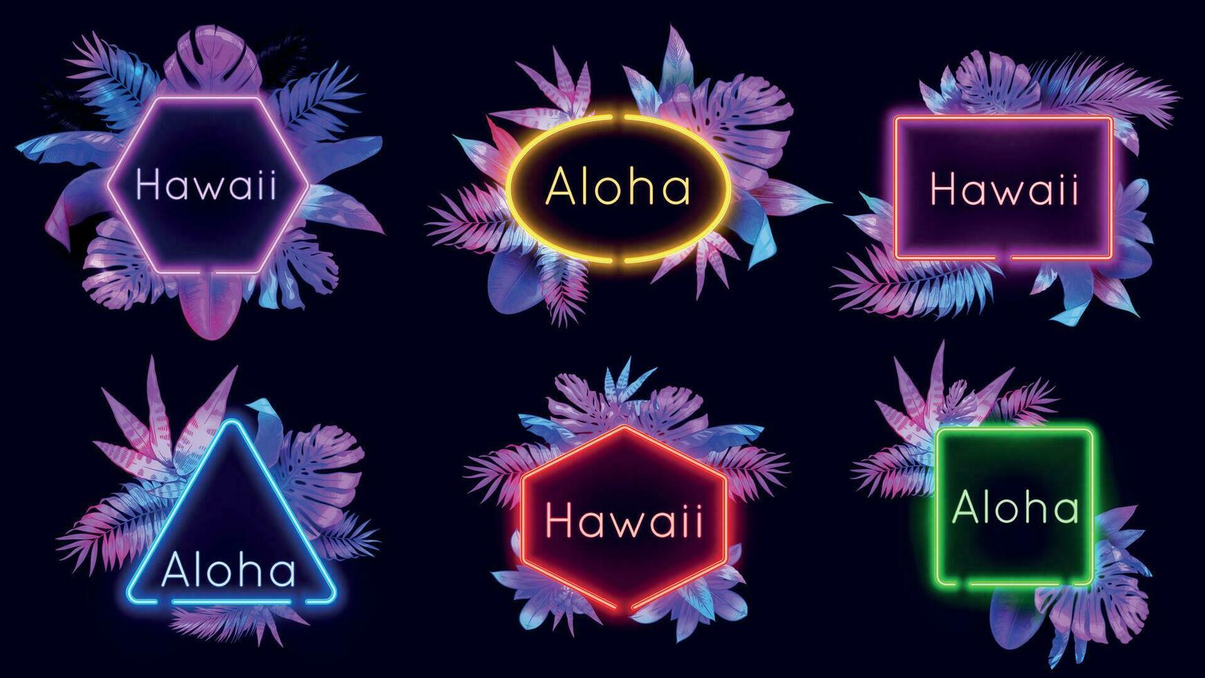 Neon aloha badges. Hawaii palm trees leaves with neon lights, summer banner frame with tropical plants vector illustration set