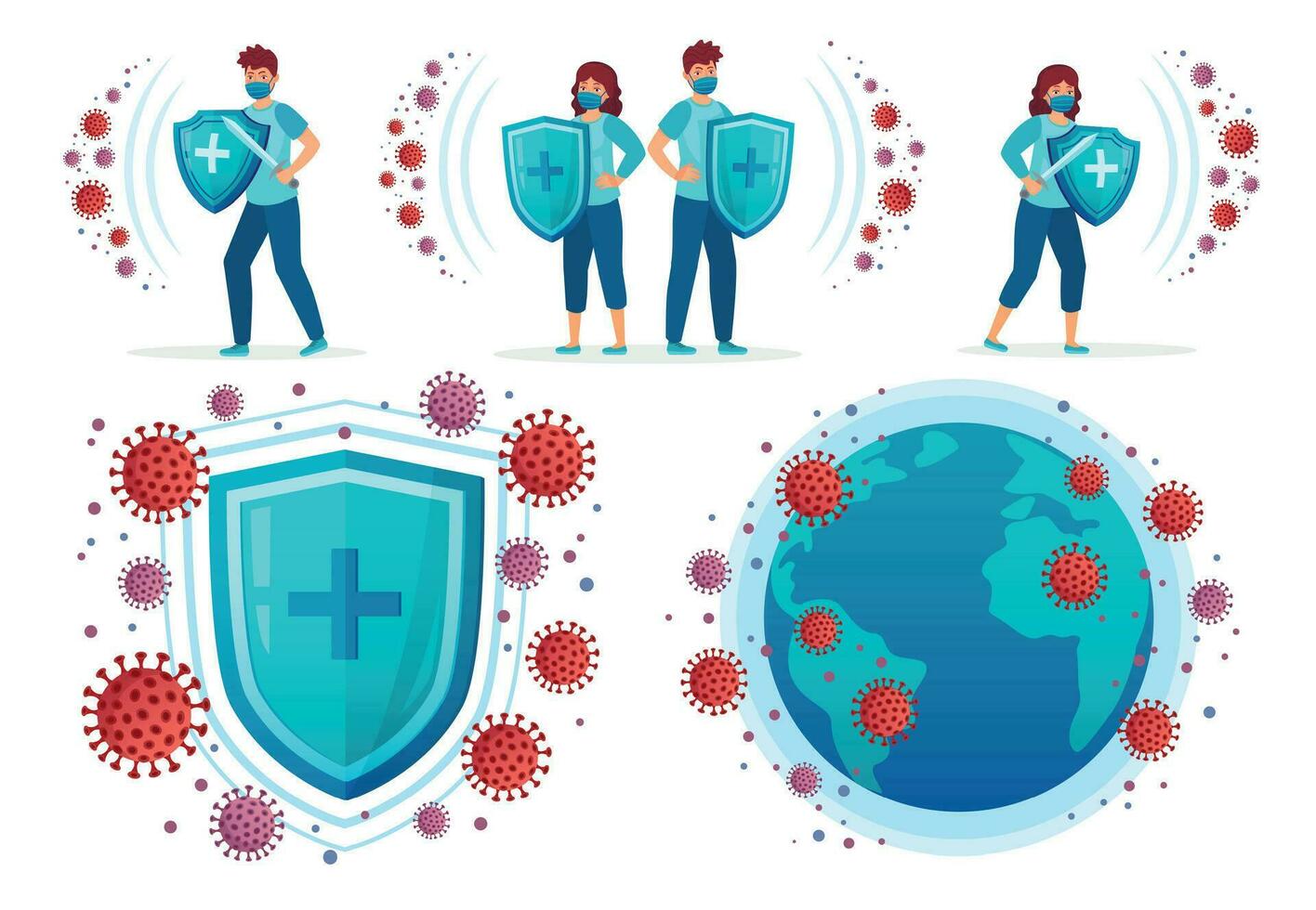 Protect from corona virus. People fight Covid-19, health shield vs virus and coronavirus around world globe vector illustration set