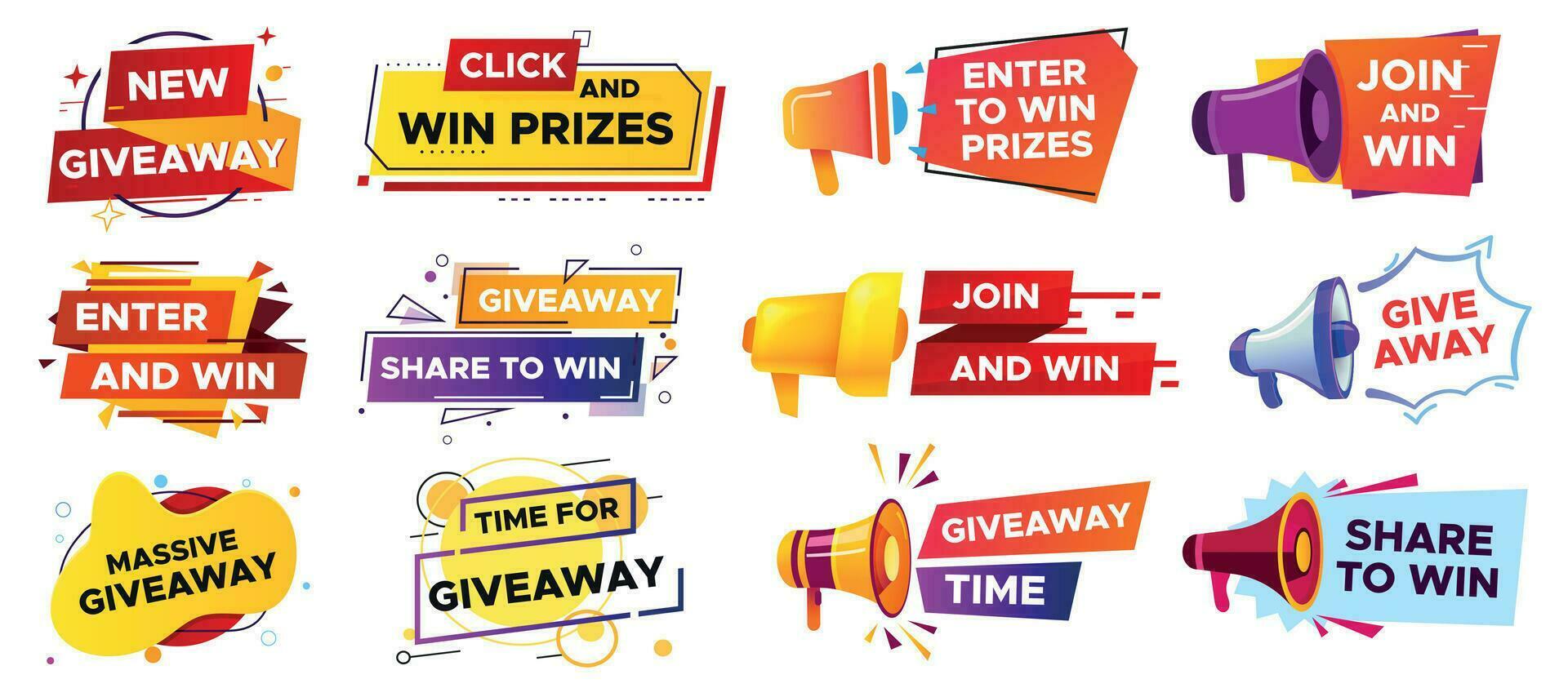 Giveaway banner with megaphone. Loudspeaker announcement of competition. Winning prizes and gifts in contest vector