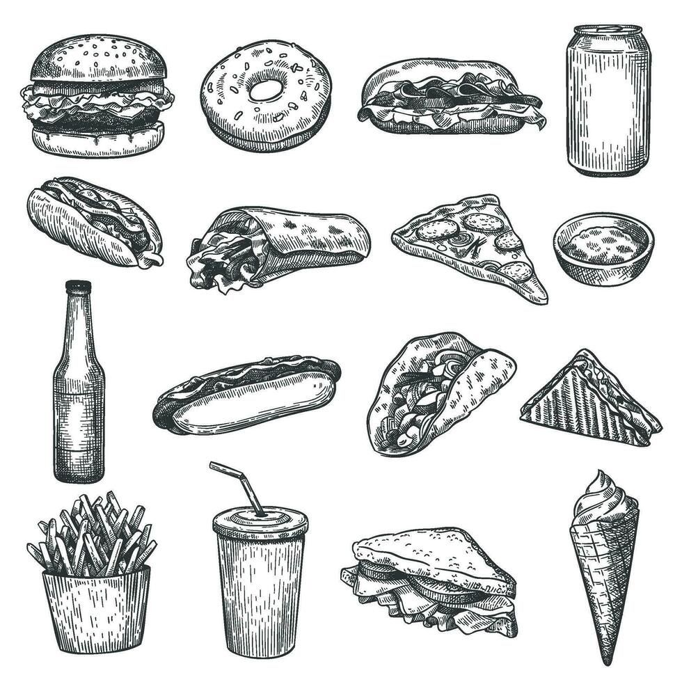 Fast food sketch. Pizza, donut and ice cream, french fries and hamburger. Taco, cola and hot dog, burrito and cheeseburger vector doodle set